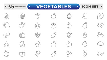 Vegetarian, vegetable, veggies outline icon set. Included the simple vector icons as tomato, cucumber, kohlrabi, cauliflower, pattypan squash, fiddleheads, daikon. Editable stroke outline icon. 

