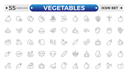 Vegetarian, vegetable, veggies outline icon set. Included the simple vector icons as tomato, cucumber, kohlrabi, cauliflower, pattypan squash, fiddleheads, daikon. Editable stroke outline icon. 

