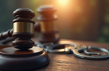 Gavel with handcuffs on wooden desk. Law legal system concept. Criminal justice, courtroom, judge, authority theme. Evidence of guilt, crime, punishment, legal proceedings. Control, punishment,