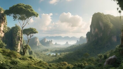 A serene landscape featuring a calm,