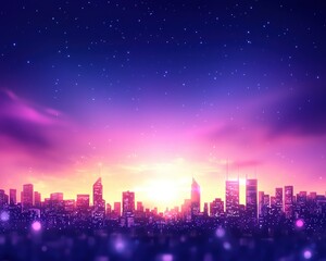 A stunning skyline at sunset, with vibrant pink and purple hues illuminating the city silhouette against a starry sky.