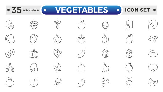 Vegetarian, vegetable, veggies outline icon set. Included the simple vector icons as tomato, cucumber, kohlrabi, cauliflower, pattypan squash, fiddleheads, daikon. Editable stroke outline icon. 
