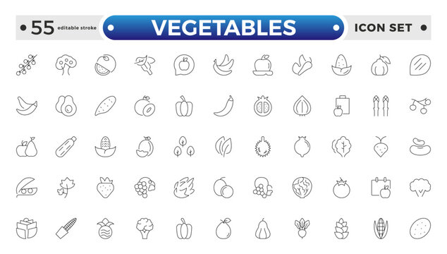Vegetarian, vegetable, veggies outline icon set. Included the simple vector icons as tomato, cucumber, kohlrabi, cauliflower, pattypan squash, fiddleheads, daikon. Editable stroke outline icon. 
