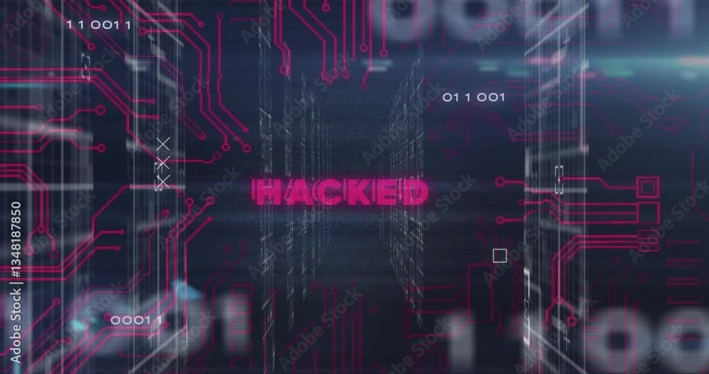 Poster animation of digital circuit patterns with hacked text over binary code background