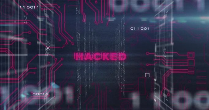 Animation of digital circuit patterns with HACKED text over binary code background