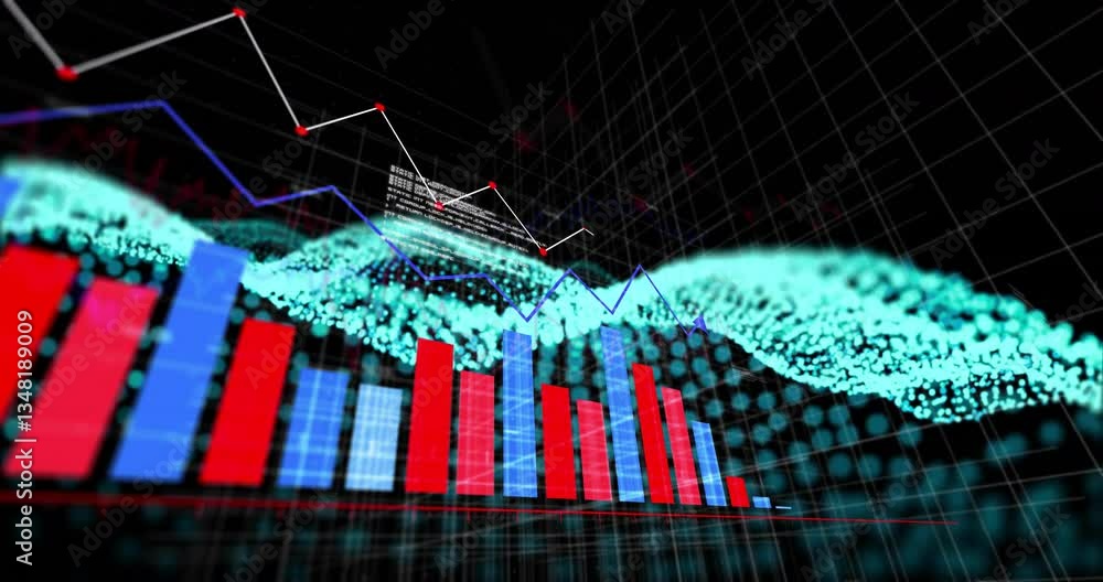 Poster animation of bar and line graphs with digital data points over abstract grid