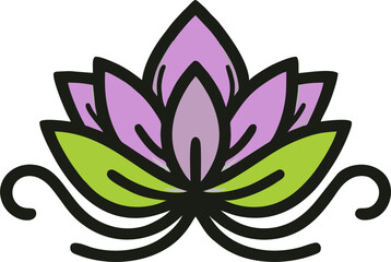 This digital illustration features a beautifully stylized purple lotus flower with bold black outlines and a symmetrical design. The petals are shaded in soft lavender hues, symbolizing wisdom, spirit