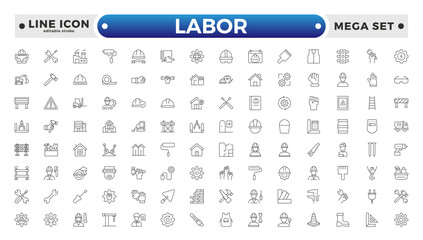 Labor outline icon set. Contains linear outline icons like Helmet, Screwdriver, Worker, Vest, Flag, Crane, Brick, Roller, Gear, Construction, Builder, Factory, Hardhat. Editable stroke outline icon. 
