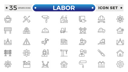 Labor outline icon set. Contains linear outline icons like Helmet, Screwdriver, Worker, Vest, Flag, Crane, Brick, Roller, Gear, Construction, Builder, Factory, Hardhat. Editable stroke outline icon. 

