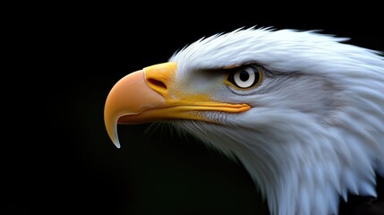 Fototapeta premium Close-up of majestic eagle head. Sharp focus on bird's profile, showcasing intricate details of plumage, beak, and piercing eyes against a dark backdrop