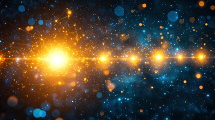 Fototapeta premium Light streaks, dots, & networked lines on a dark blue backdrop. Bokeh effects