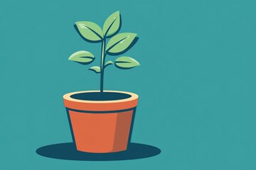 Young Plant Growing in a Terracotta Pot on a Soft Blue Background