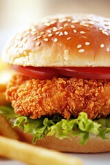 Crispy Fried Chicken Hamburger with Fries