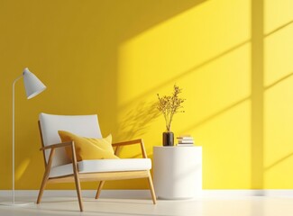 Armchair and Lamp in Minimalist Yellow Room with Sunlight Streaming in