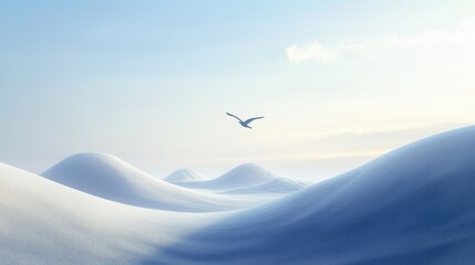 Naklejka premium Serene Winter Landscape: A Solitary Bird Soaring Over Snow-Covered Hills