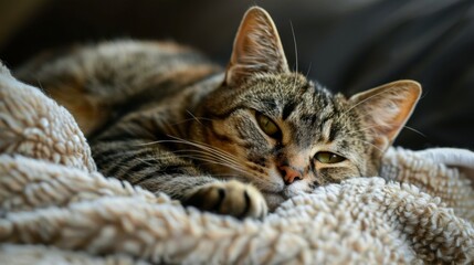 A cute domestic cat lounging on a soft blanket.
