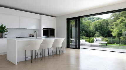 Modern kitchen with outdoor living area.  A bright, open-concept kitchen features white cabinetry, a marble countertop, and a large island.  