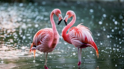 Fototapeta premium A pair of flamingos standing in a serene lagoon.