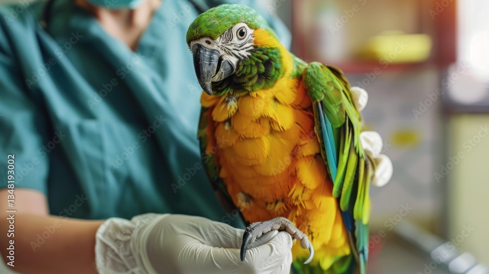 Poster a vet with gloves handling an exotic bird in a professional setting.