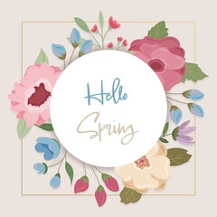 Obraz premium Elegant floral vector frame with pink, blue and beige flowers, green leaves and a golden border. Central circular space for text. Suitable for wedding invitations, greeting cards and spring designs