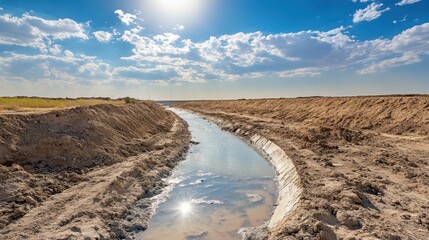 A serene landscape featuring a winding water channel amidst a dry terrain, under a bright sky with fluffy clouds.