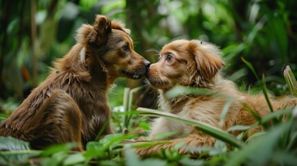 A dog and a monkey playing together in a lush green forest.