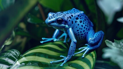 A blue-toned exotic animal like a blue poison dart frog on tropical leaves.