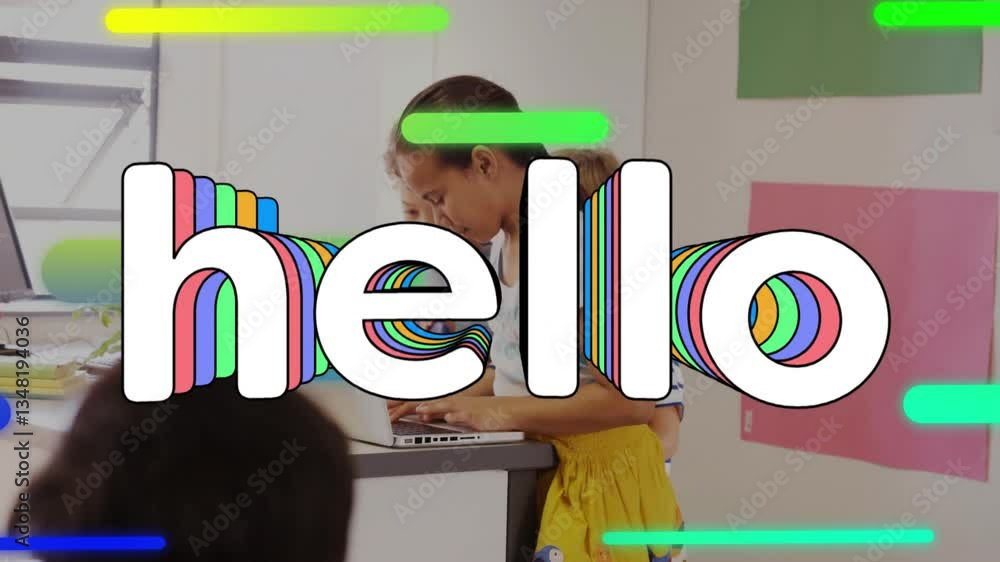 Poster using laptop, woman with colorful hello text animation overlay in school setting