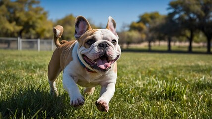 Fototapeta premium Chasing Joy: Playful Bulldog Takes on the Frisbee in the Park
