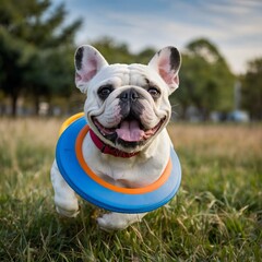 Fototapeta premium Sky-High Fun: Bulldog Leaps for the Frisbee Under a Clear Blue Sky