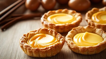 Chinese egg tarts flaky pastry and creamy custard filling displayed on a wooden table for a dessert spread