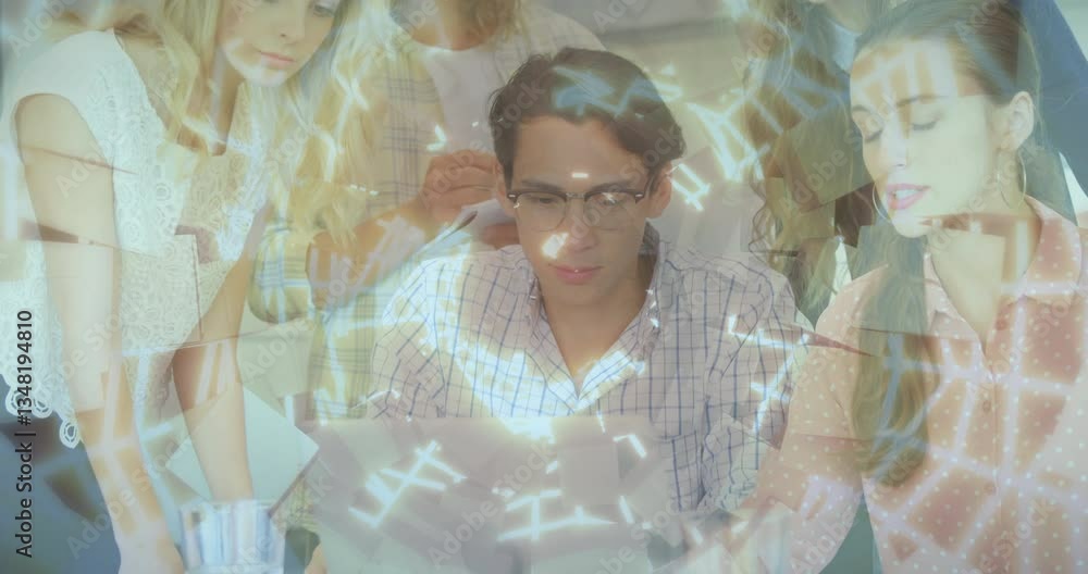 Poster diverse group collaborating over digital data processing animation in office setting