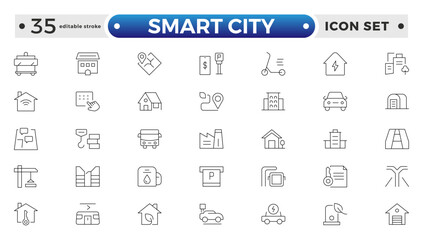 Smart city outline line icon set with infrastructure efficiency tech, future digital urban, autonomous building. Transport, road, mall, airport, police, school, park. Editable stroke outline icon. 
