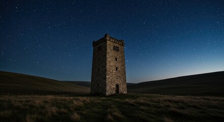 Obraz premium Stone Tower Under Starry Night Sky in Rural Landscape