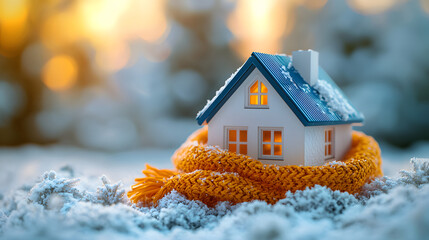 A small house with a blue roof and windows wrapped in an orange scarf on the snow-covered ground, symbolizing winter warmth and energy efficiency in a blurred background.