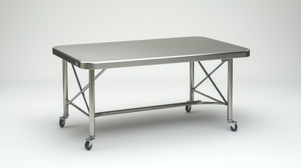 Metal table with wheels, simple design. Legs cross with a bar