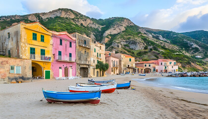 Fototapeta premium Colorful houses on a beach in Italy, fishing boats, tranquil scene, coastal village, Mediterranean Sea, idyllic setting.