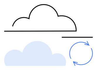 Cloud shape with outline, filled blue cloud, and circular arrows. Ideal for data storage, technology, networking, cloud computing, synchronization, information flow and connectivity in flat simple