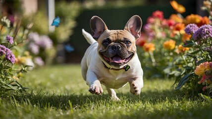 Garden Frolic: Playful French Bulldog Chasing Butterflies in the Sunlight