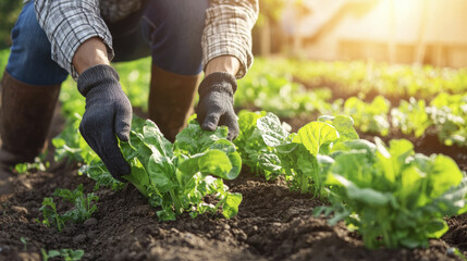 Fototapeta premium Gardener tending to leafy greens in sunlit vegetable garden, showcasing dedication and care