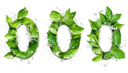Three Green Leaves in Water Splash Forming the Number Zero isolated with Transparent Background
