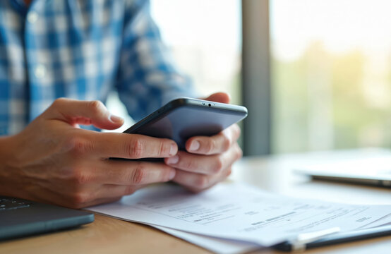 Man uses smartphone to scan barcode or QR code to pay credit card bill online after receiving invoice. Digital payment, tech, online banking, finance, shopping. - Powered by Adobe