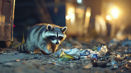 raccoon scavenging through trash at night, illuminated by street lights, creating curious and adventurous atmosphere