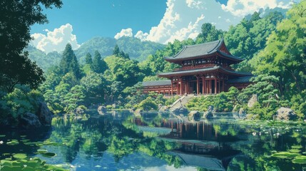 Fototapeta premium Tranquil Japanese Temple by a Serene Lake