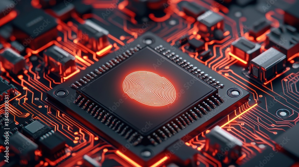 Poster ai healthcare cybersecurity concept. high-tech circuit board with fingerprint design and glowing ele