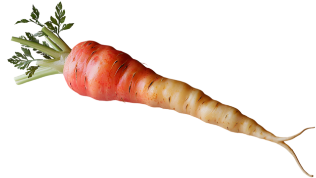 Single Reddish-Orange And Pale Yellow Carrot With Green Tips