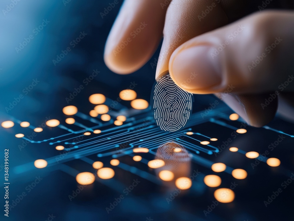 Poster ai healthcare cybersecurity concept. digital fingerprint on a circuit board with glowing nodes.