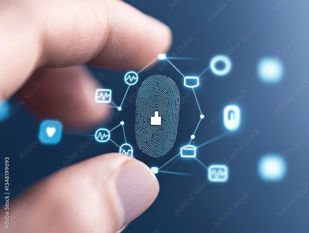Poster ai healthcare cybersecurity concept. digital fingerprint technology with interconnected data icons.