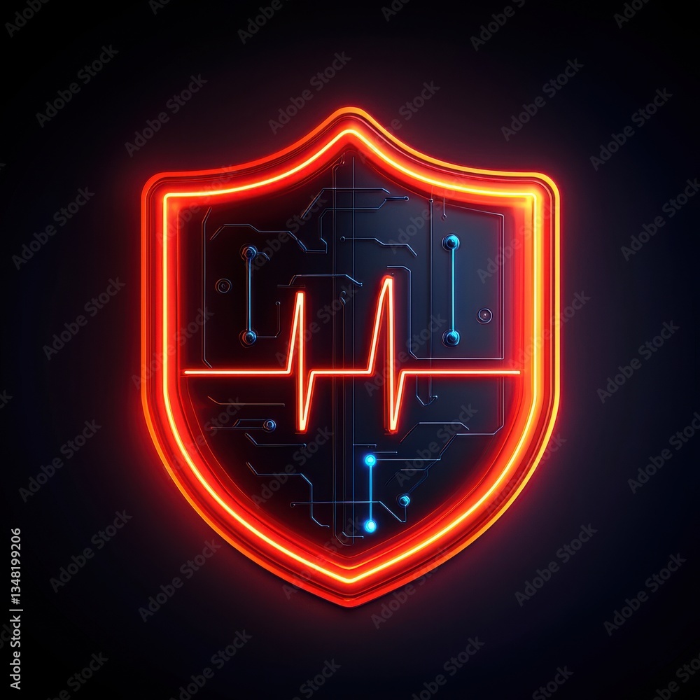 Poster ai healthcare cybersecurity concept. digital shield icon with heartbeat and circuit design in neon c