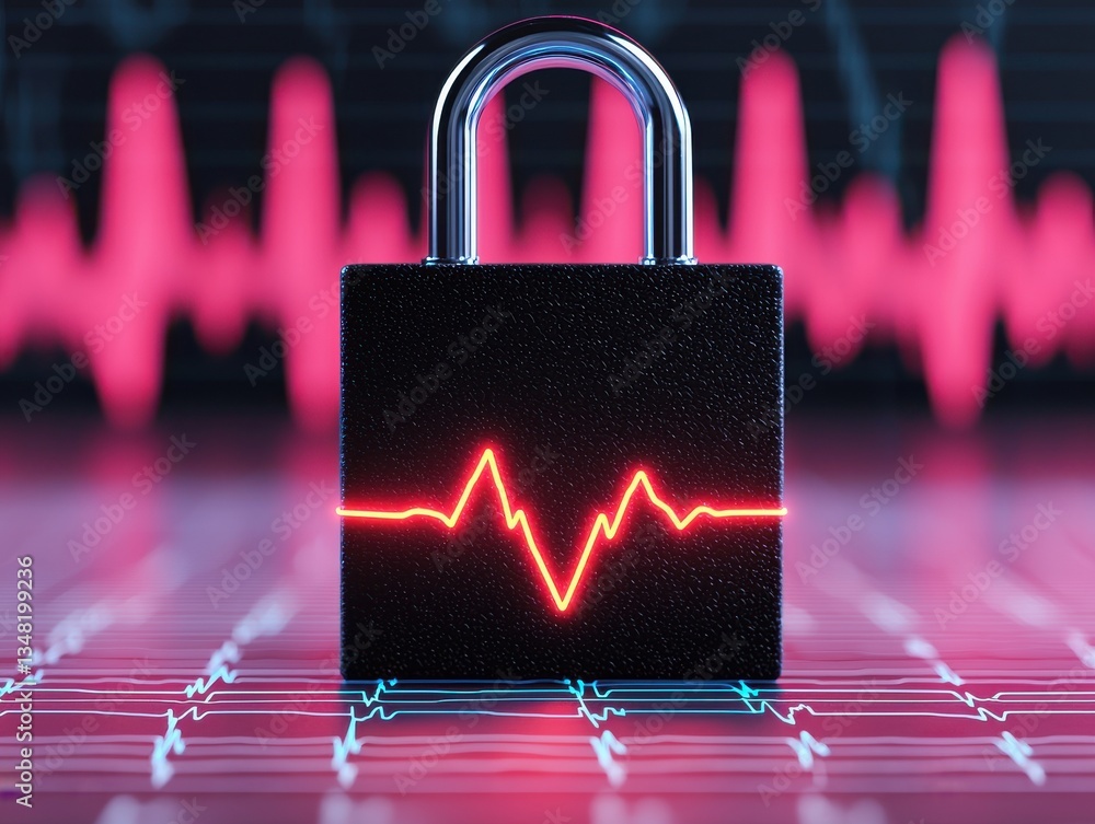Poster ai healthcare cybersecurity concept. padlock on heartbeat graph symbolizing security and health moni